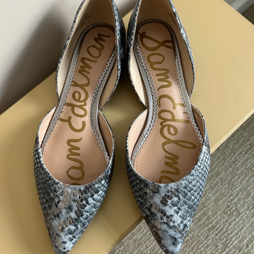 Sam Edelman Pointed Snake-Print Flats in Gray and Blue - Picture 3 of 6